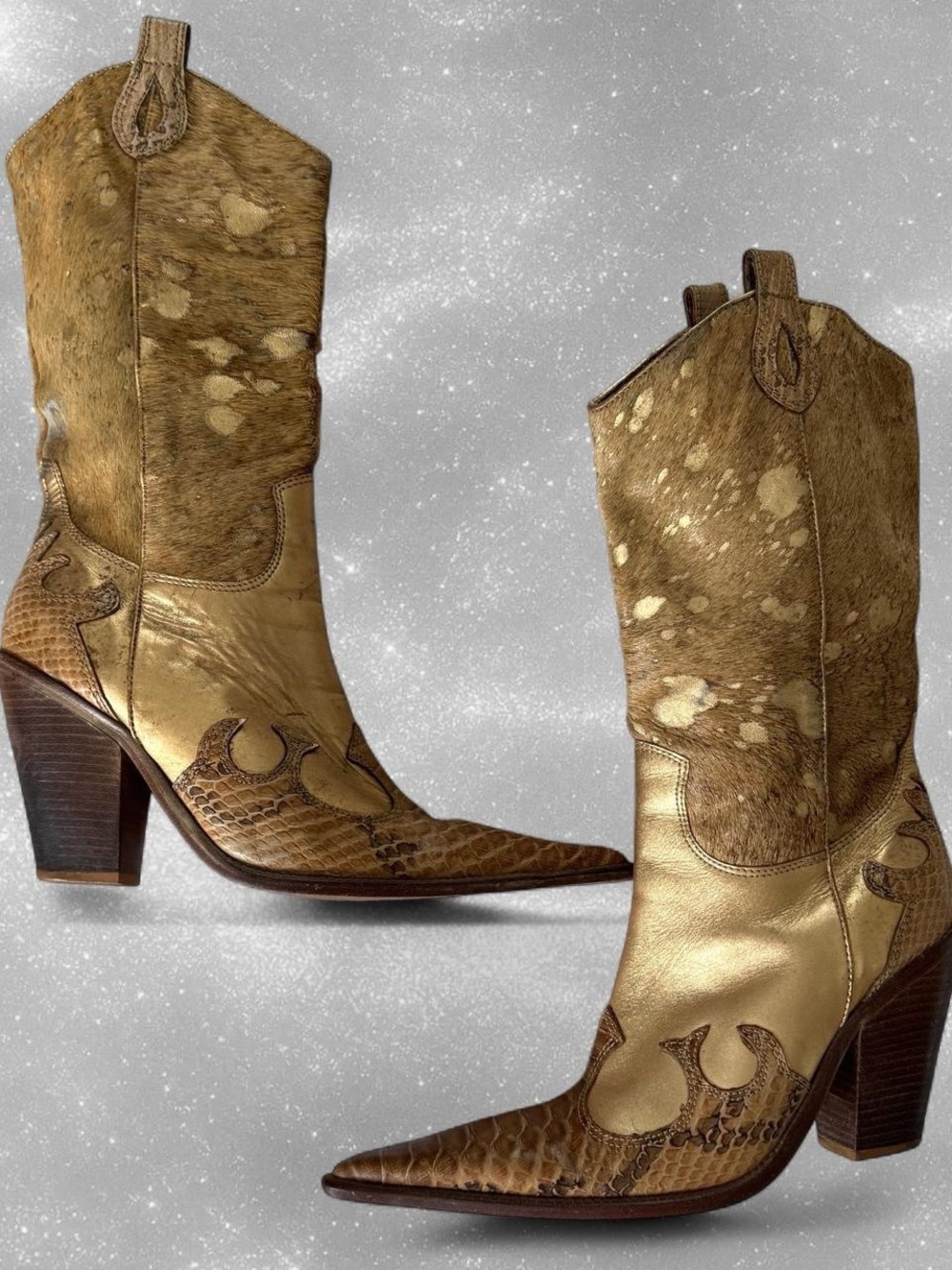 Gold Western Cowhide & Leather High-Heel Cowboy Boots - Women